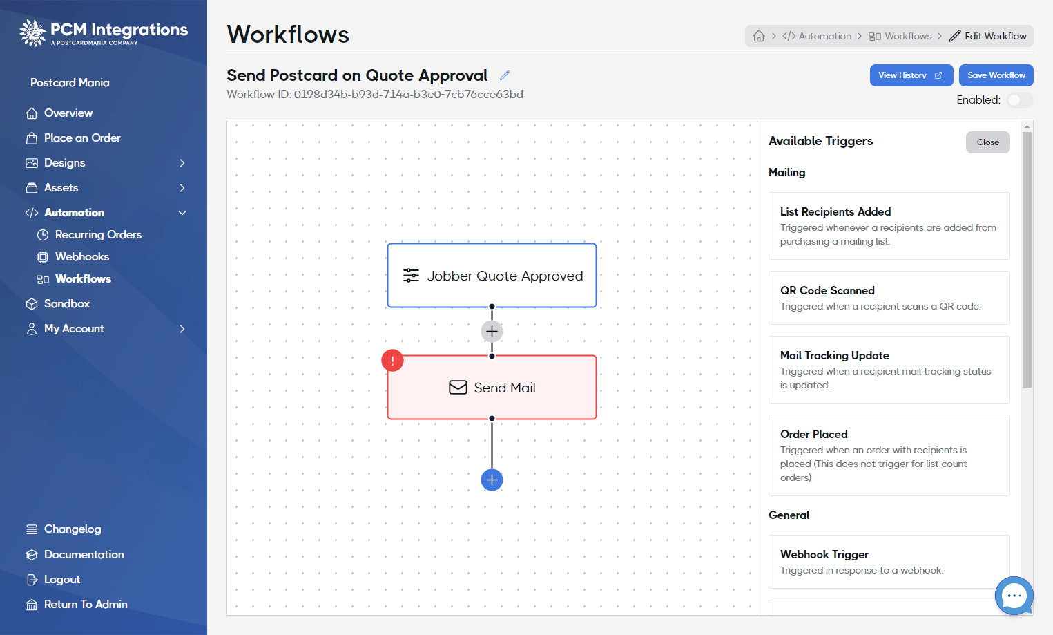 When the Workflow is ready, toggle the Enabled switch