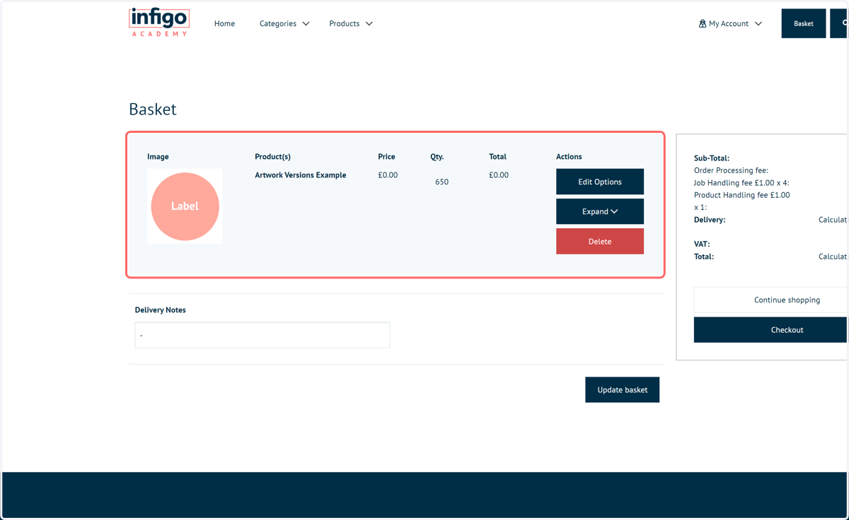 A summary of the product is displayed in the basket