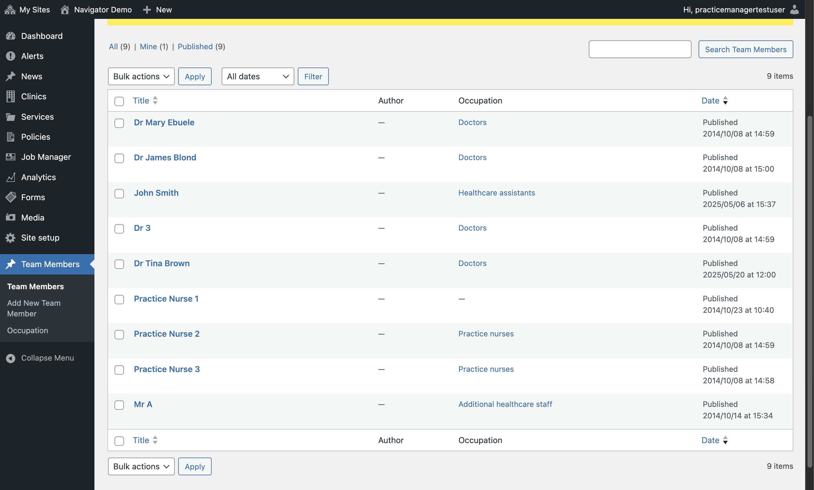 All the team members on the website displaying in one list in the Dashboard.