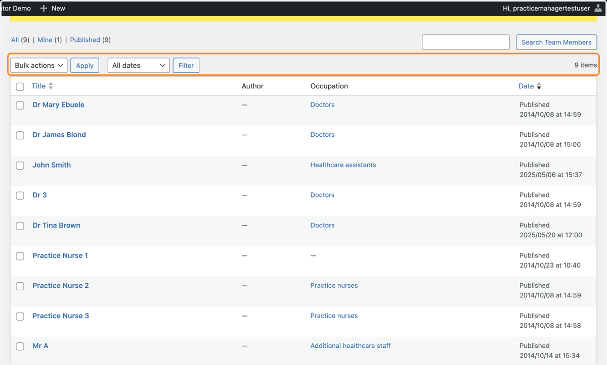 All the team members on the website displaying in one list in the Dashboard.