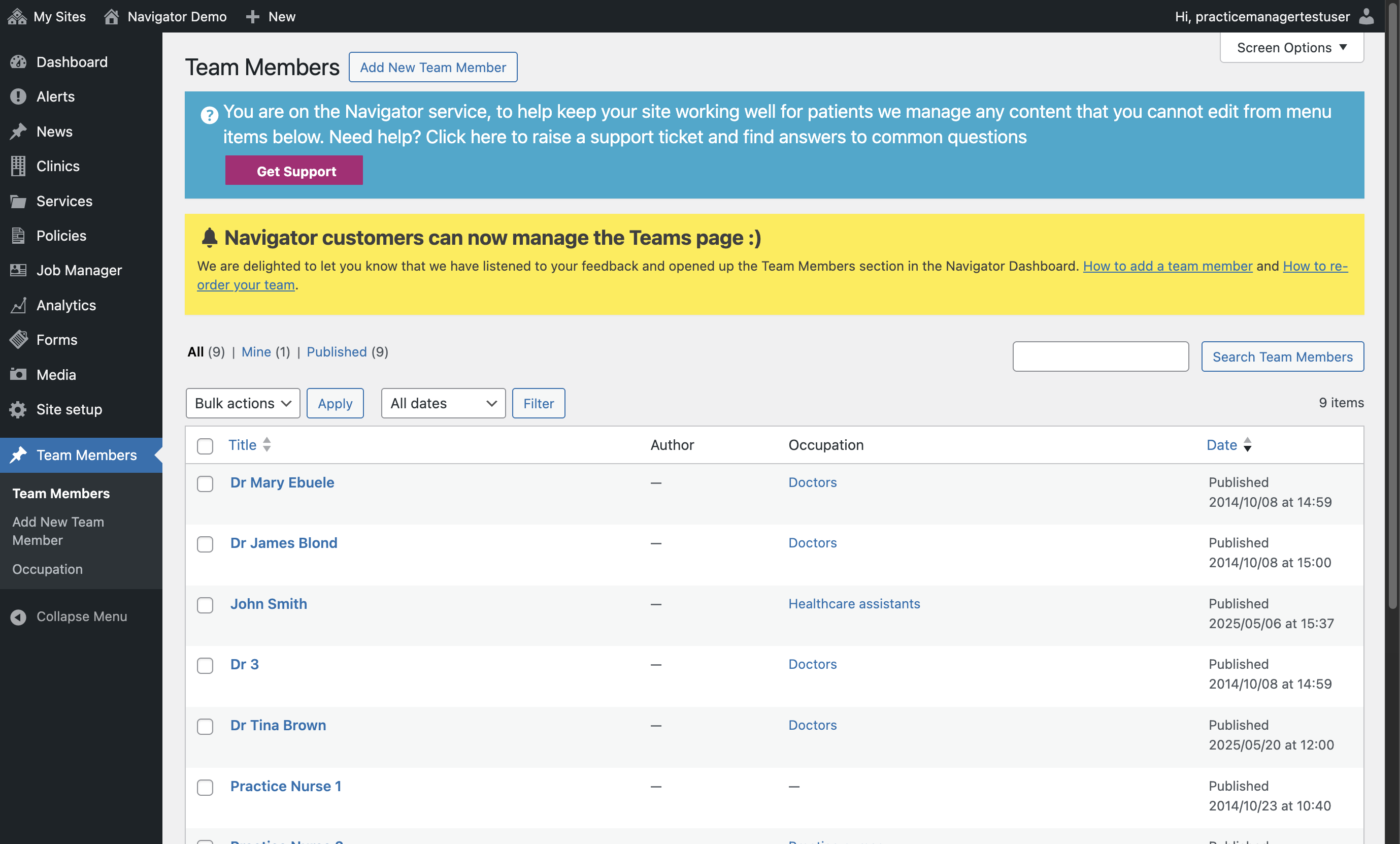 The Team Members section of the Dashboard with "Screen Options" selected.