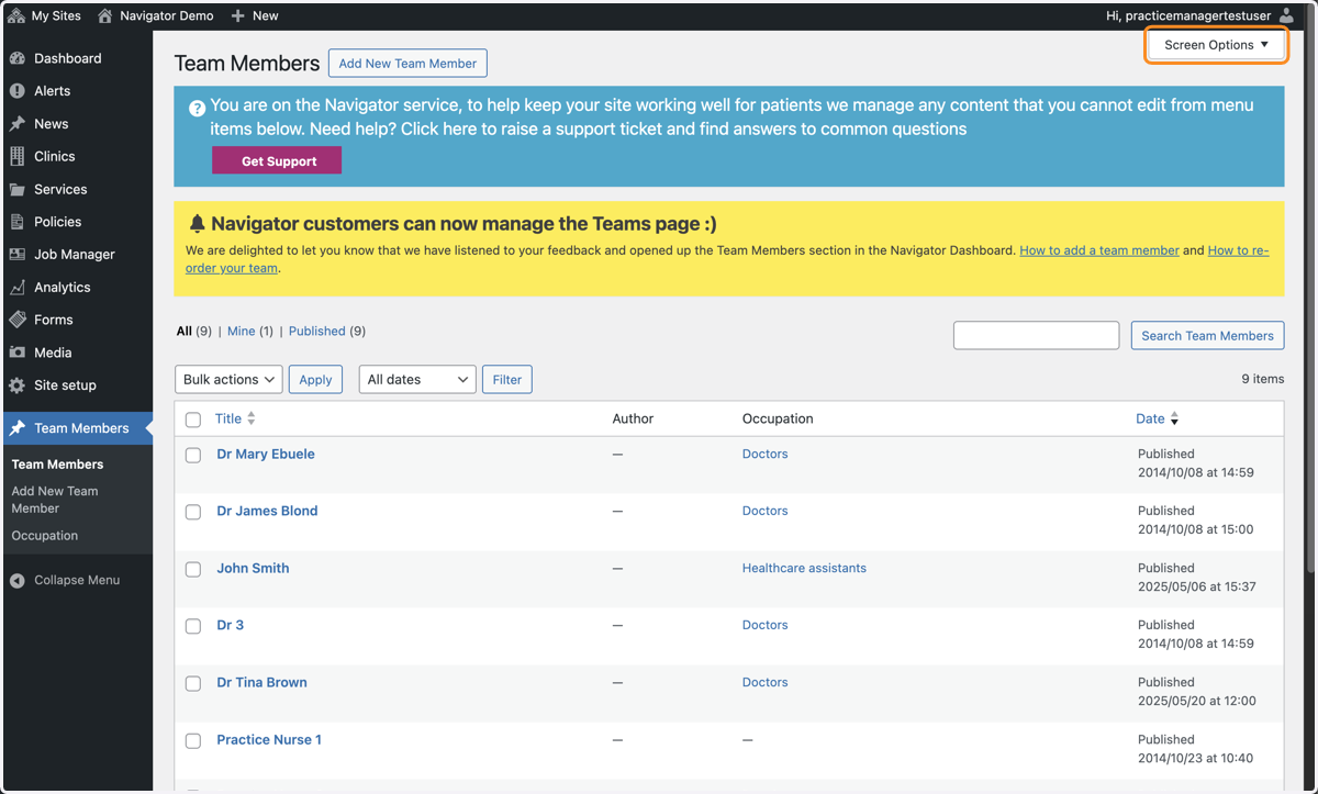 The Team Members section of the Dashboard with "Screen Options" selected.
