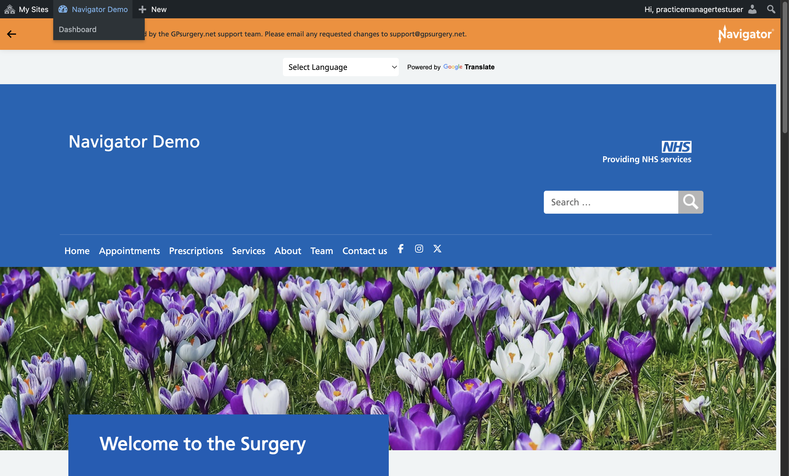 The admin toolbar with the name of the website selected.