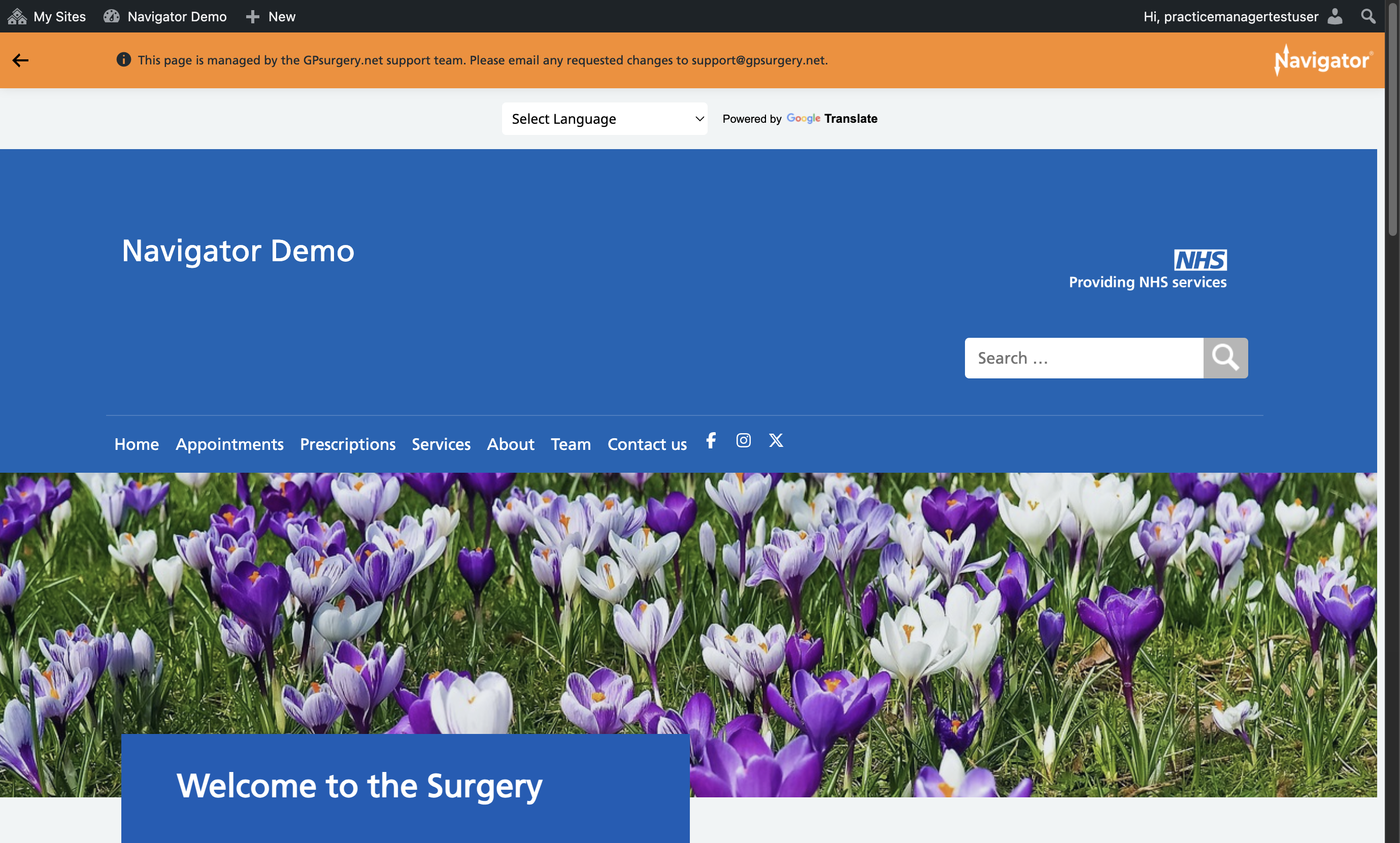 The homepage of a GPsurgery.net Navigator website, with the admin toolbar and Navigator toolbar visible at the top of the screen.
