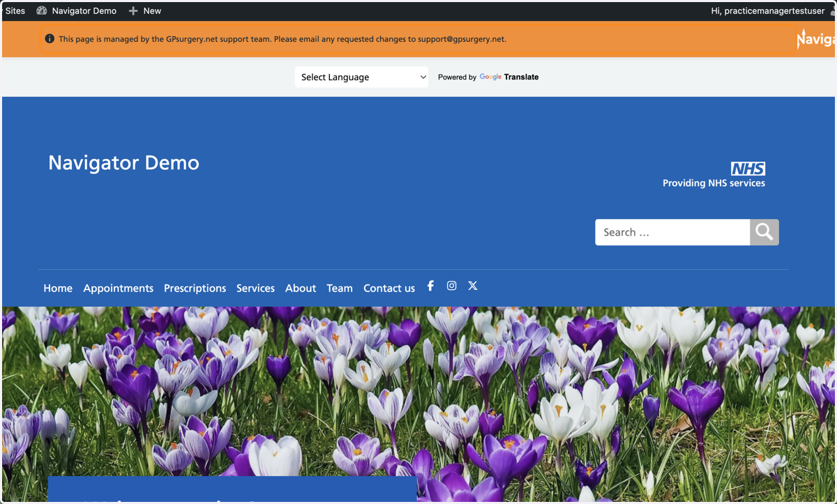The homepage of a GPsurgery.net Navigator website, with the admin toolbar and Navigator toolbar visible at the top of the screen.