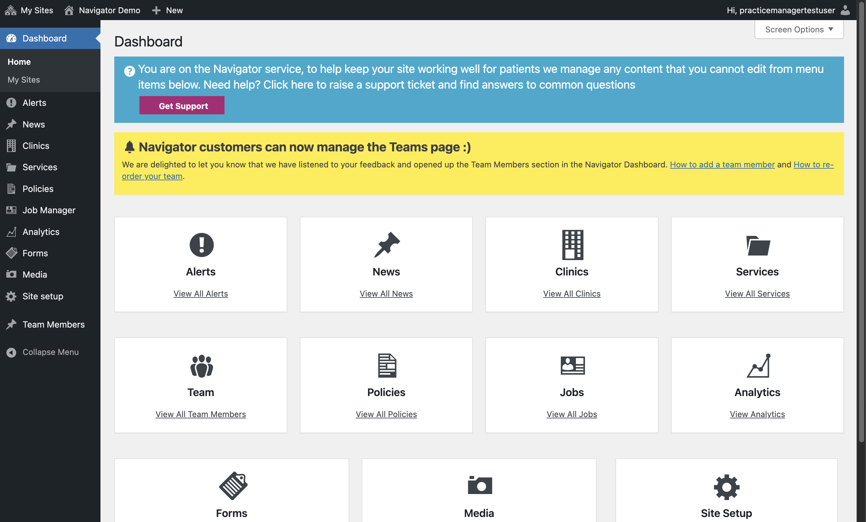 The Dashboard, with the Team card selected.