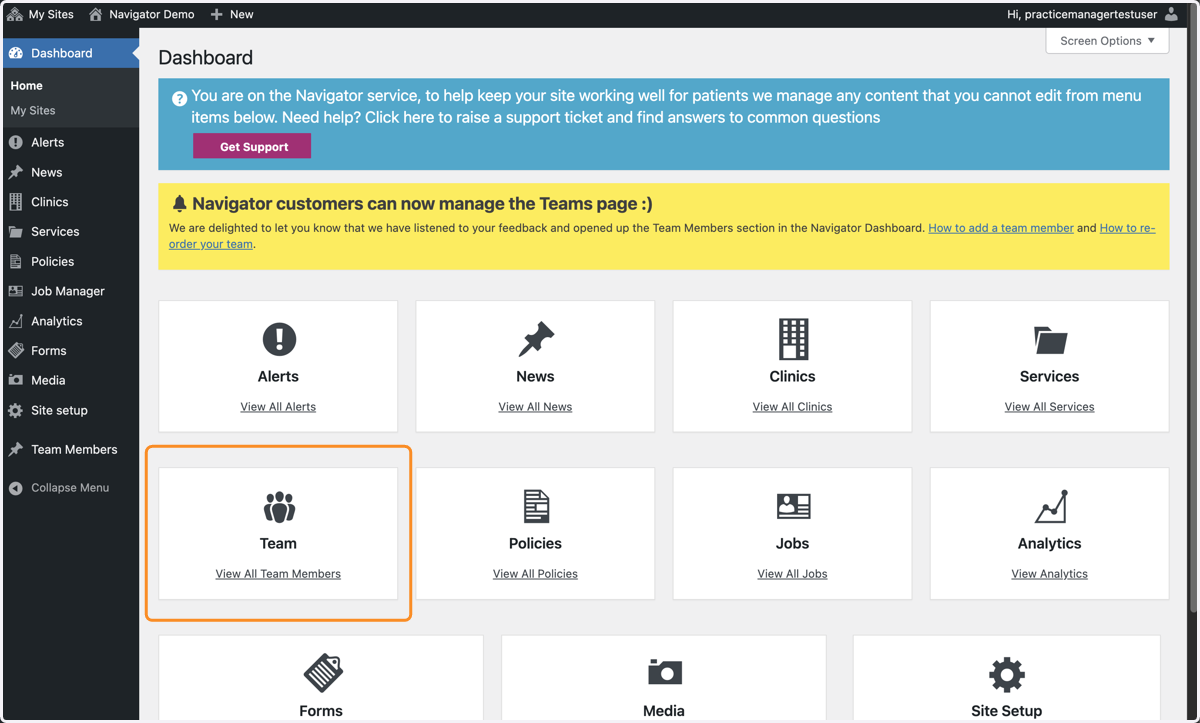 The Dashboard, with the Team card selected.