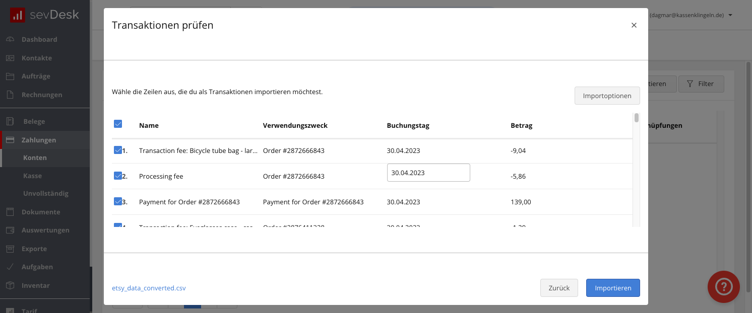 Nun kannst du die Transaktionen nochmal prüfen, dann klicke auf importieren".
