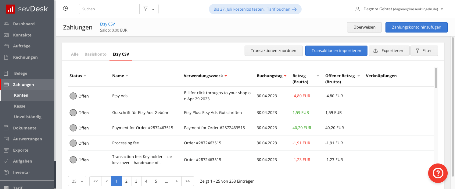 So sieht dein sevDesk Etsy CSV Konto aus, wenn alle Daten aus der monatlichen Gebührenabrechnung korrekt hochgeladen sind. 