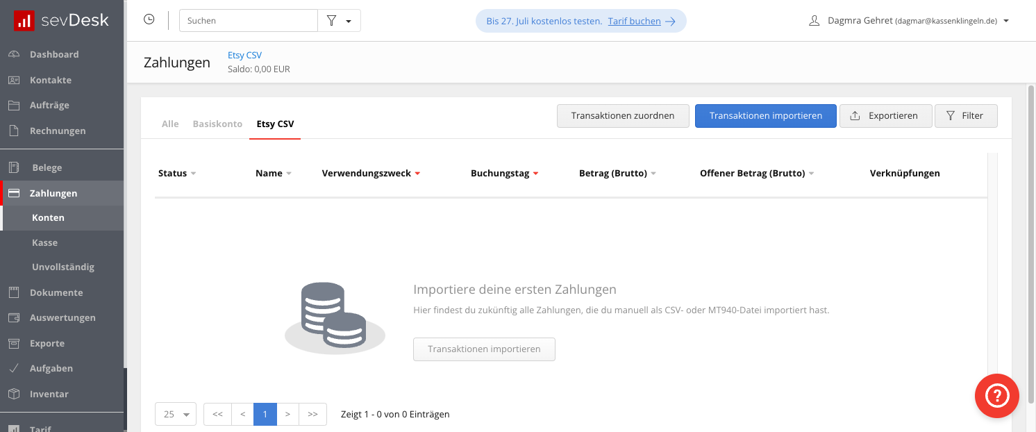 Achte darauf, dass du das Etsy CSV Konto im Reiter gewählt hast.