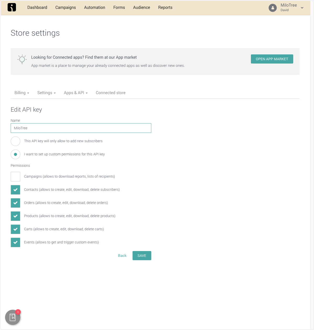 Under Permissions, uncheck everything except Contacts