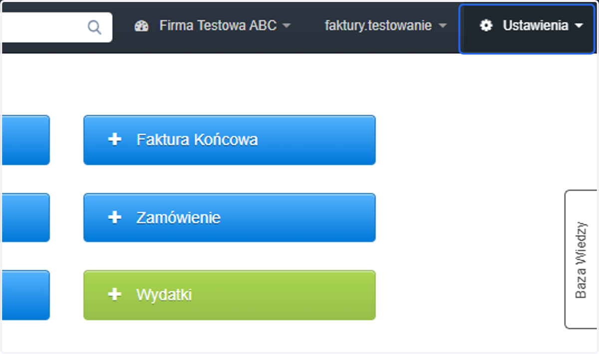 Aby wystawić fakturę wewnątrzwspólnotową, należy najpierw aktywować ten typ dokumentu w ustawieniach konta. W tym celu przejdź do zakładki 'Ustawienia'.