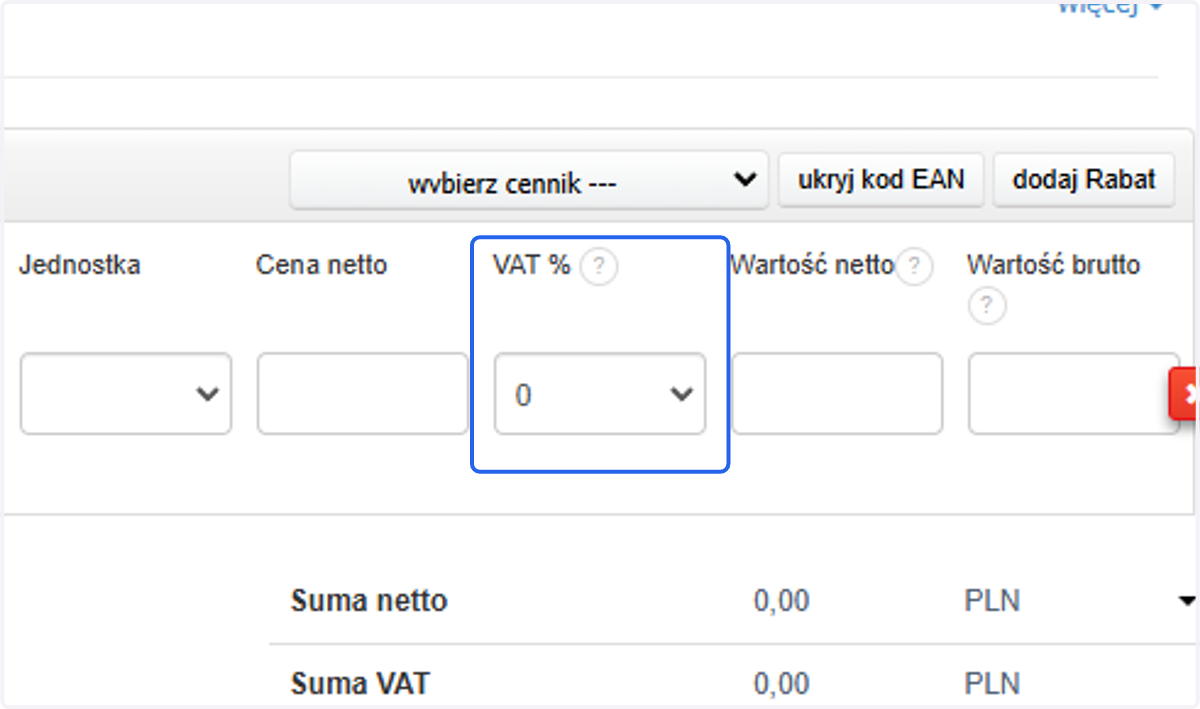 System jako stawkę VAT dla tego typu dokumentu zaczyta automatycznie 0%.
