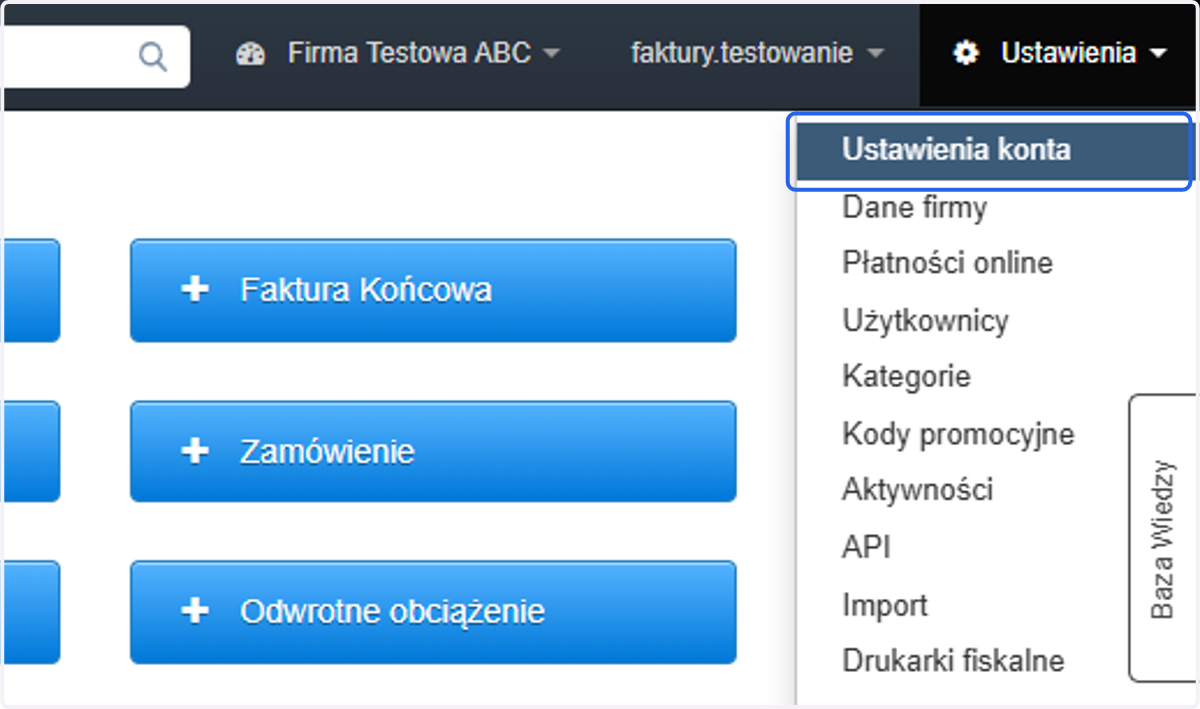 Następnie z listy wybierz 'Ustawienia konta'.