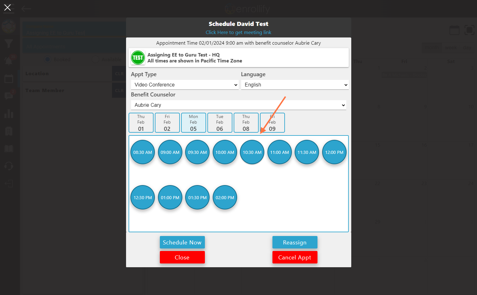 Select the time for the new appointment.