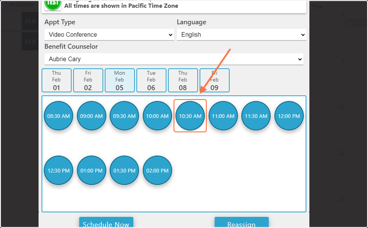Select the time for the new appointment.