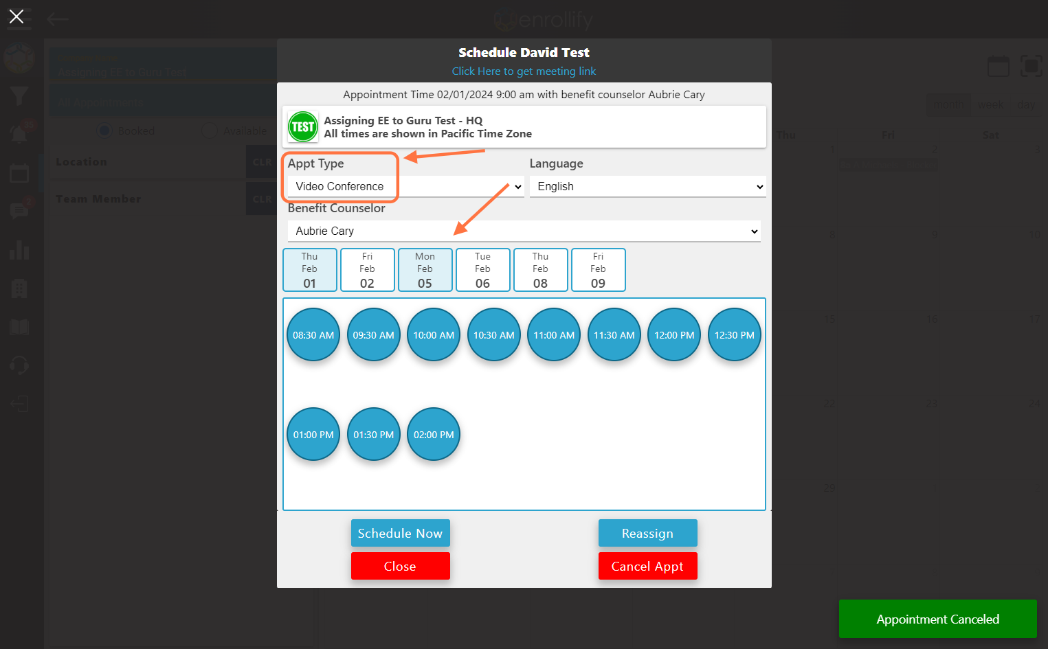Select the 'Appt Type' and date of the new appointment time.