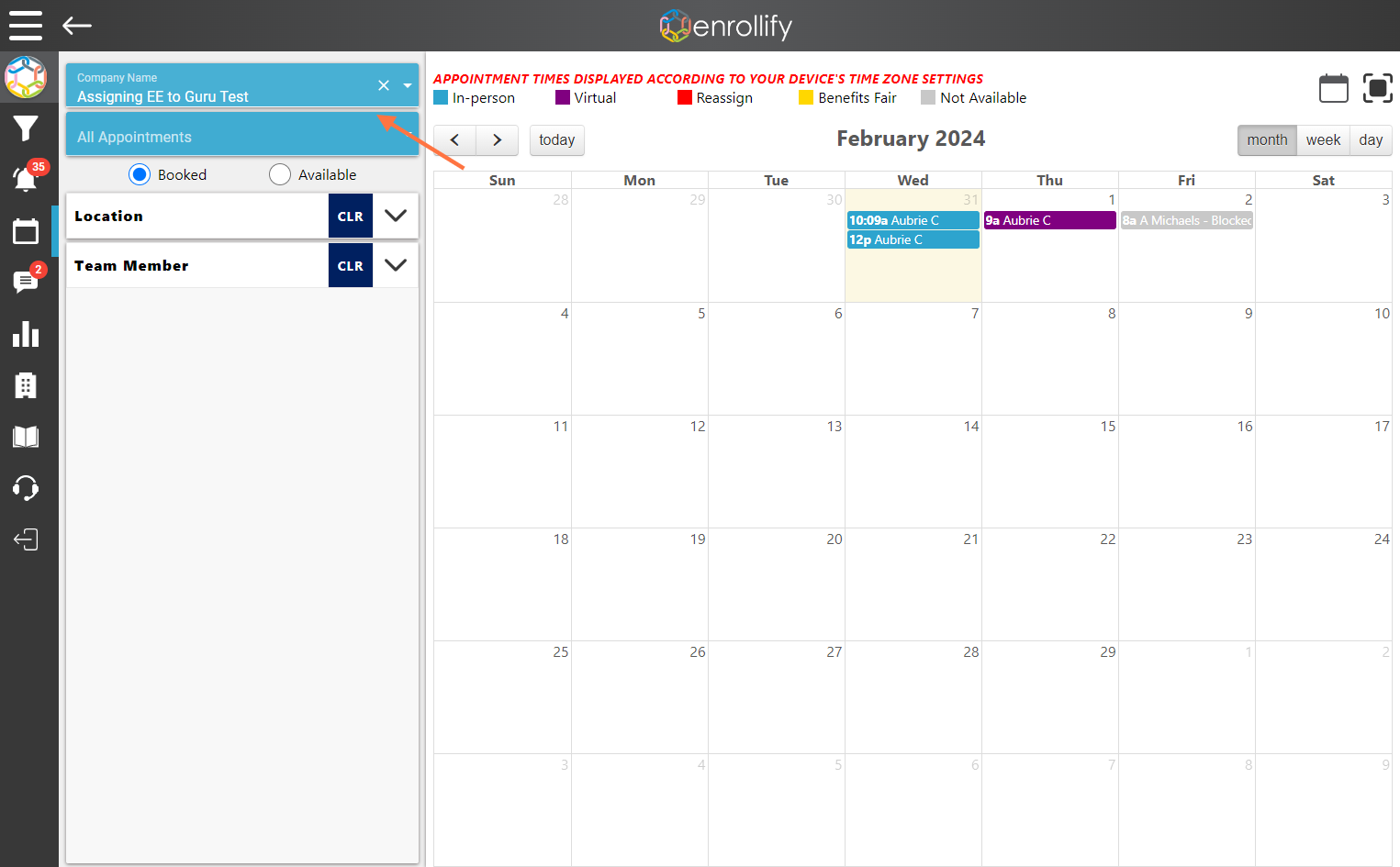 Go to the Calendar, select the Company Name from the dropdown in the upper left.