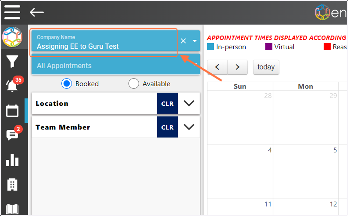 Go to the Calendar, select the Company Name from the dropdown in the upper left.