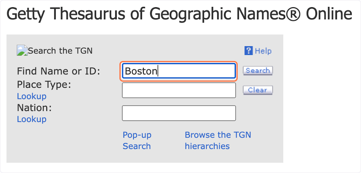 Search the geographic location in the Getty TGN database