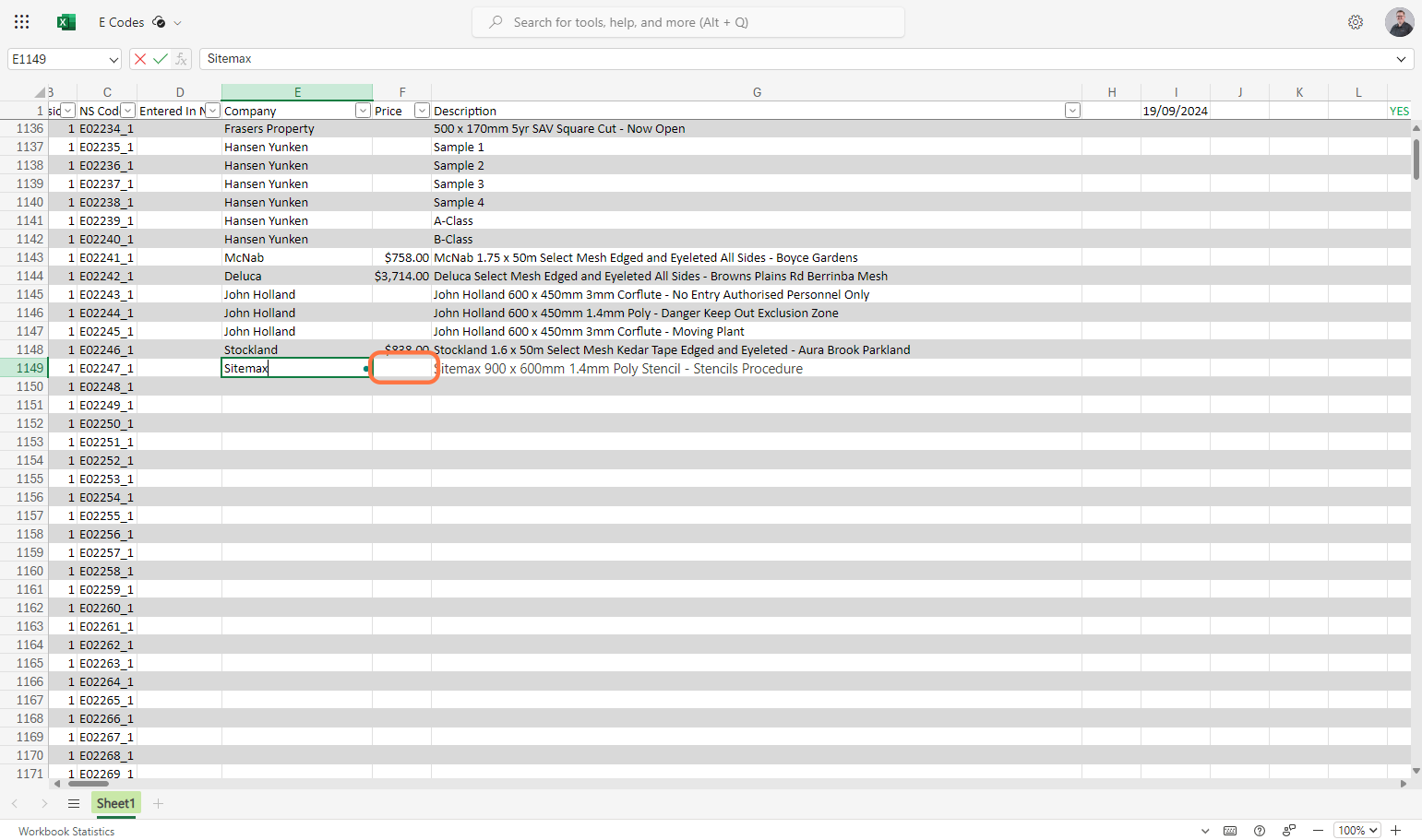 Fill out the Company cell and the Price cell if a price has been provided