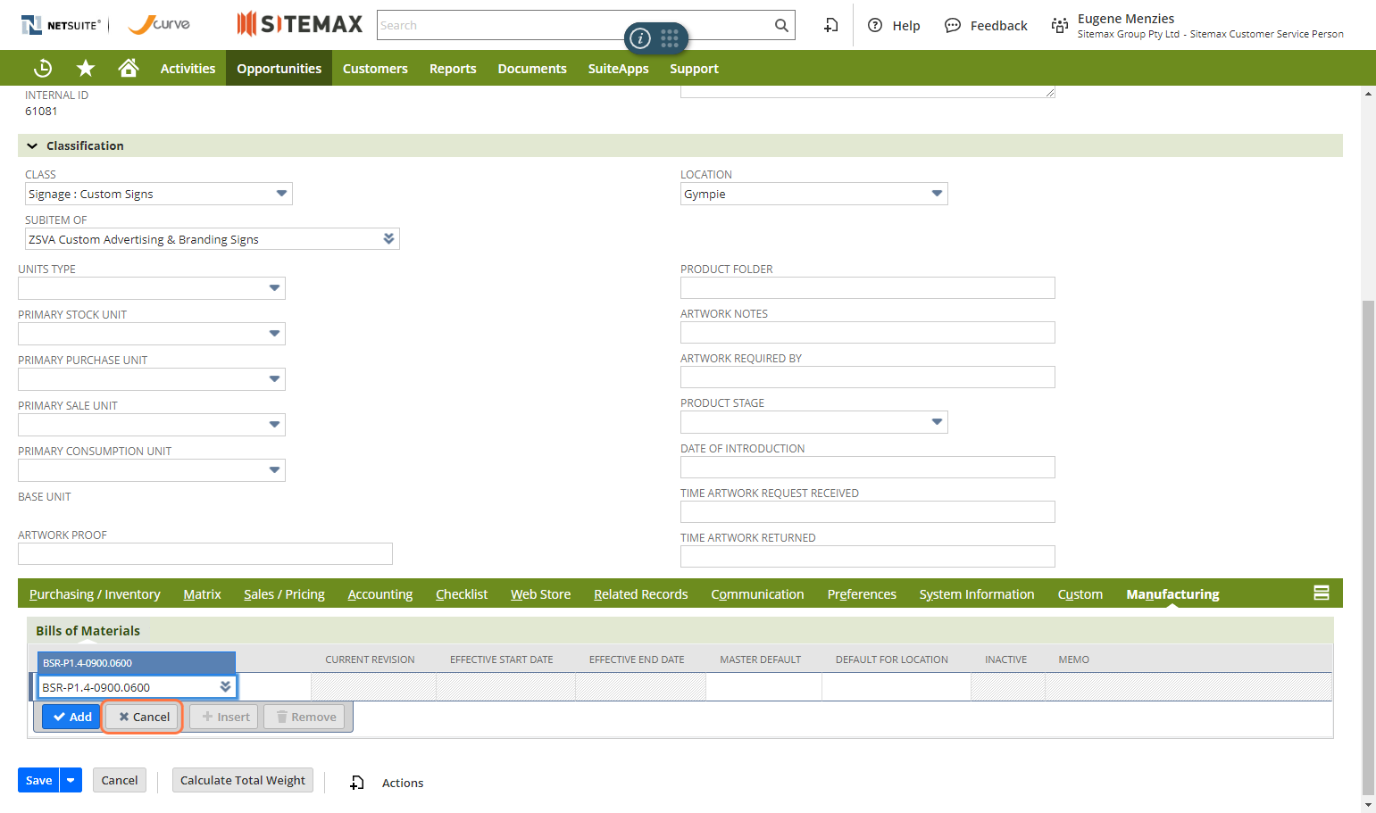 Enter in the correct Bill Of Materials