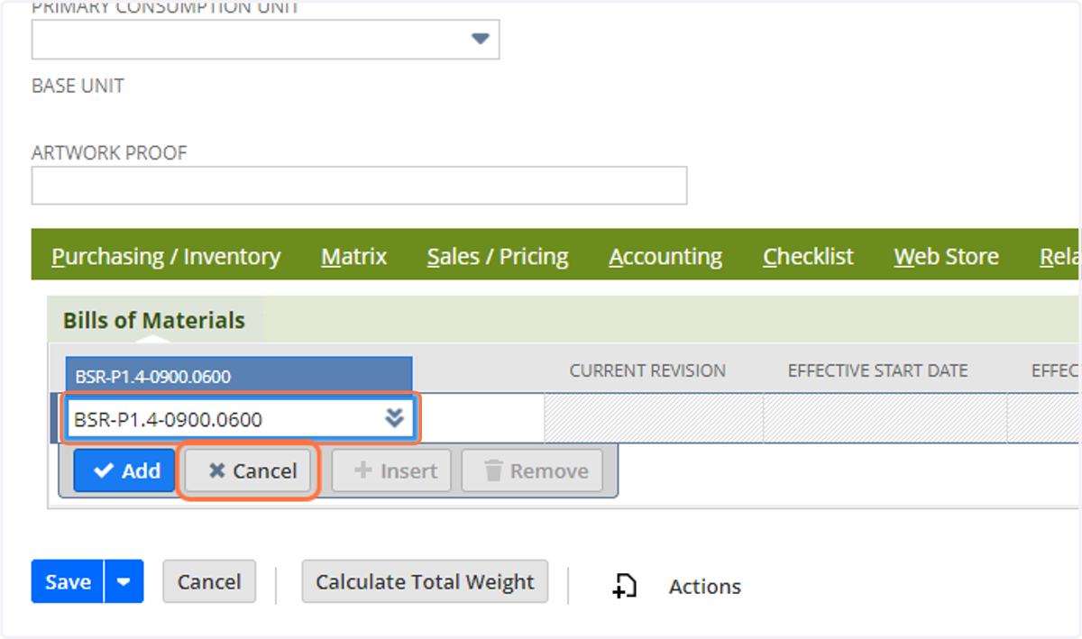 Enter in the correct Bill Of Materials
