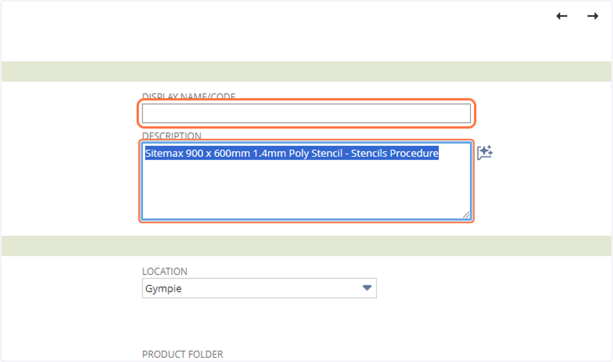 Paste the Artwork Description from Front into the Description field and the Display Name/Code field