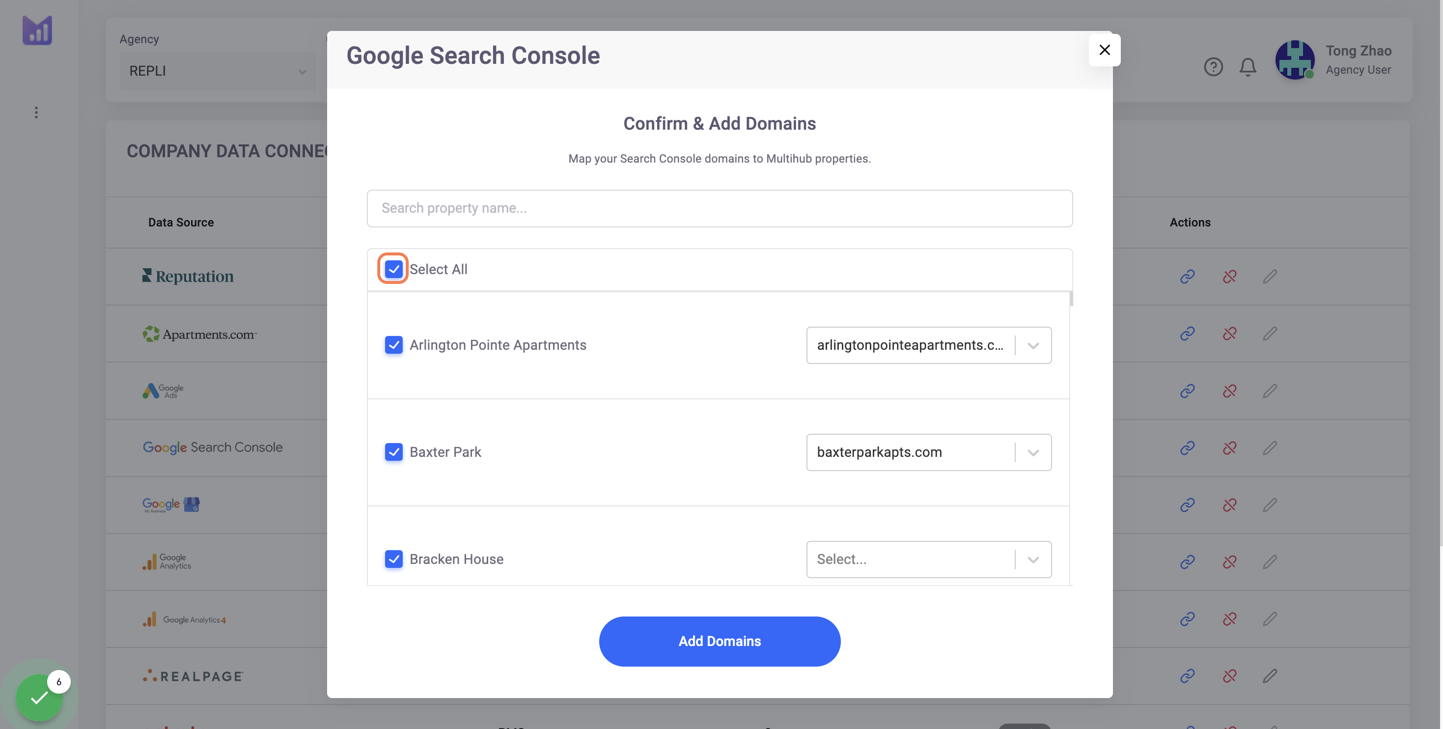 Select all of the domains you want to add to MultiHub