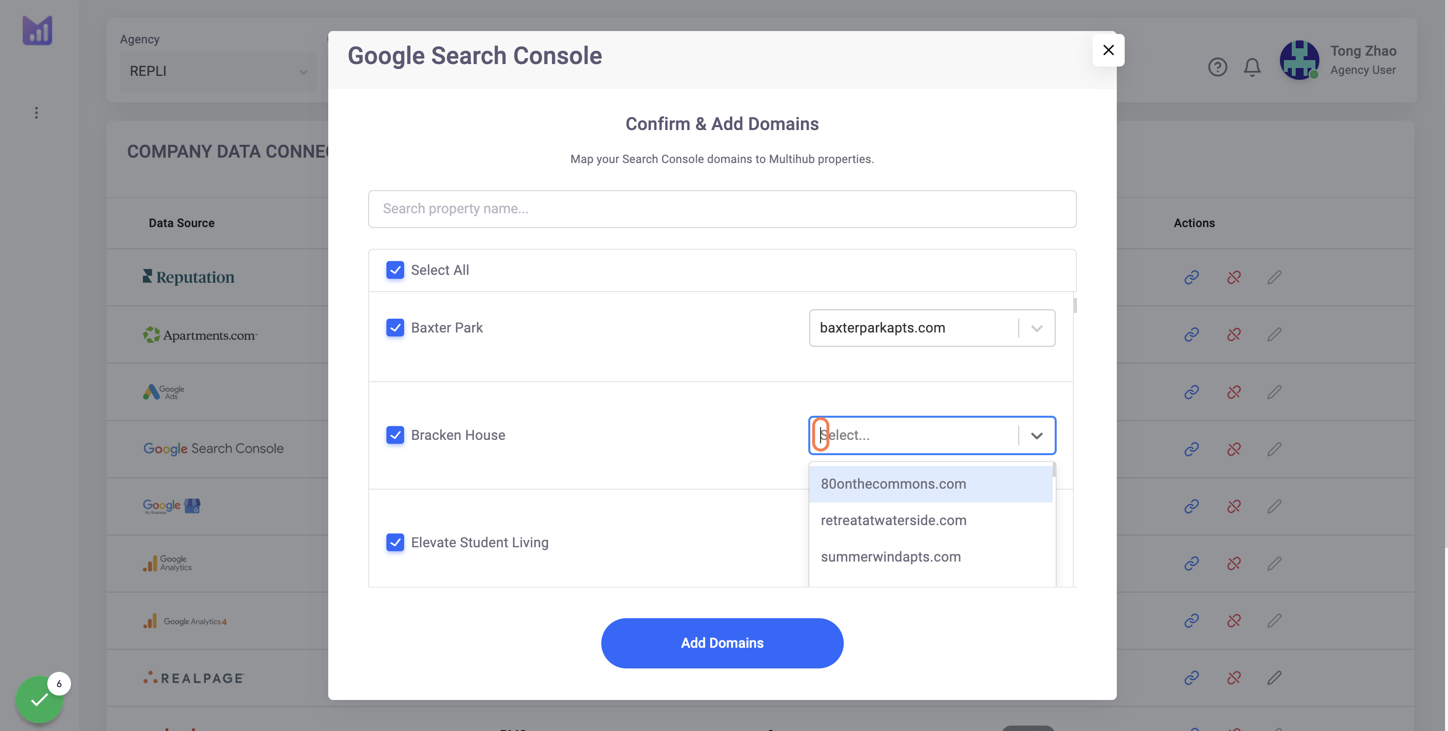 Our AI technology will automatically match domains to the corresponding MultiHub property. If needed, click on the dropdown and match the domain to the property.