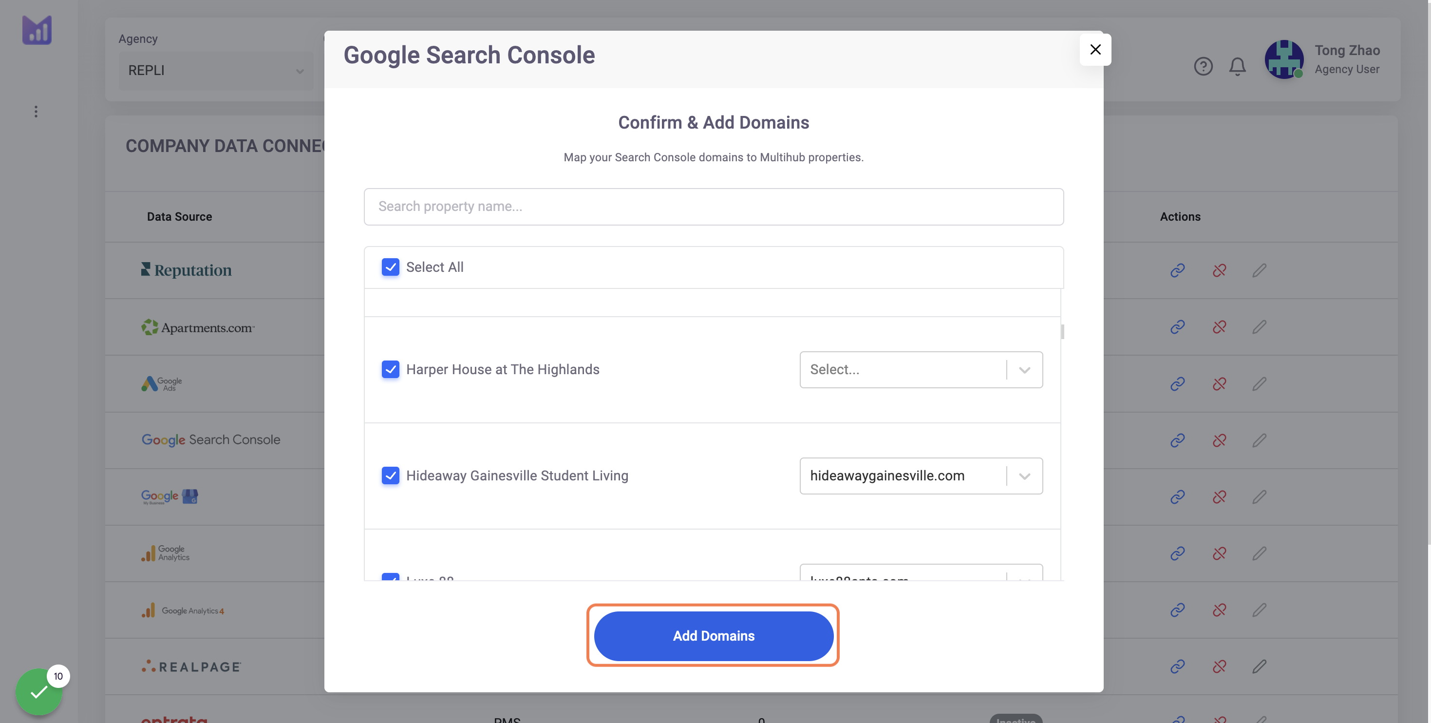 After connecting all of the accounts - click on add domains