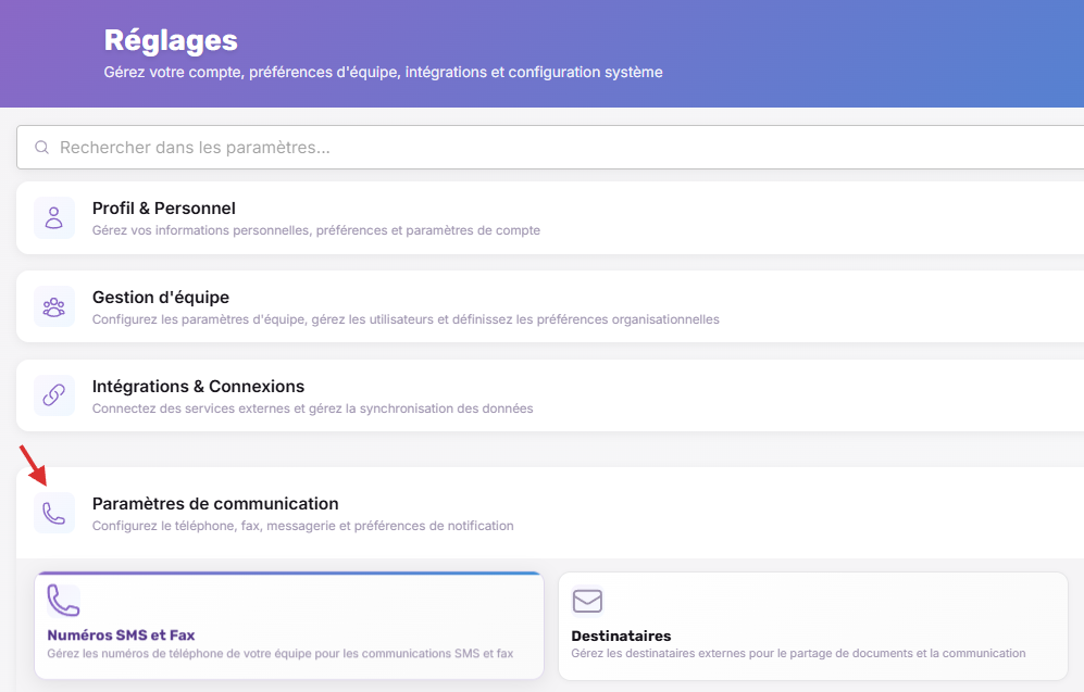 Click on Numéros SMS et Fax…