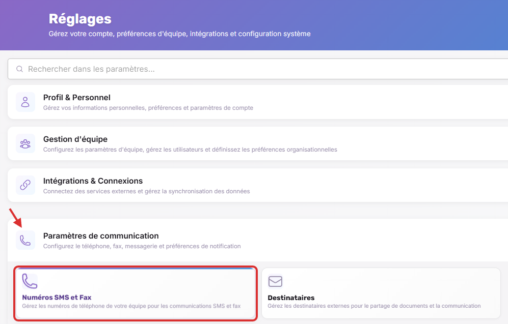 Click on Numéros SMS et Fax…