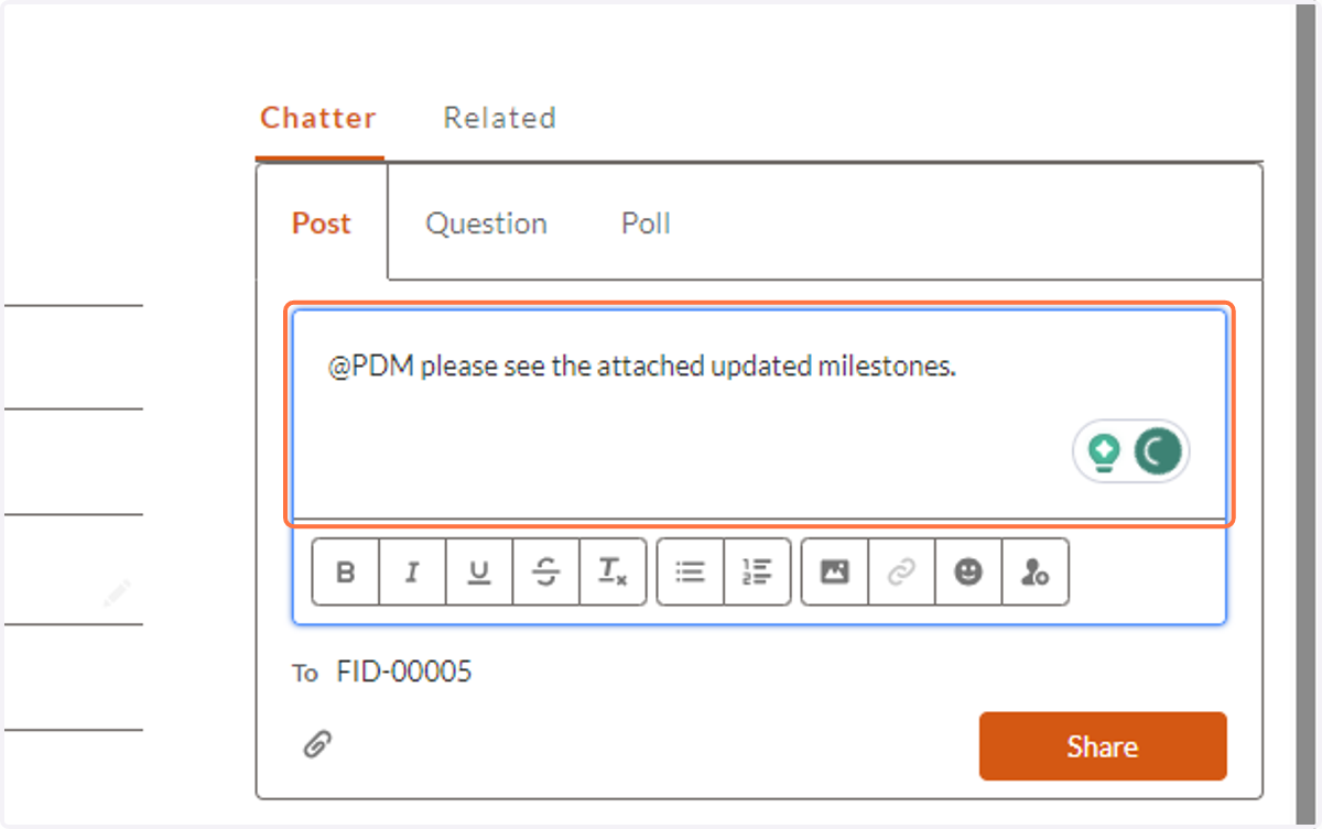 Be sure to @ your Project Development Manager or any relevant NGen contact by name and tell us what the update is for.