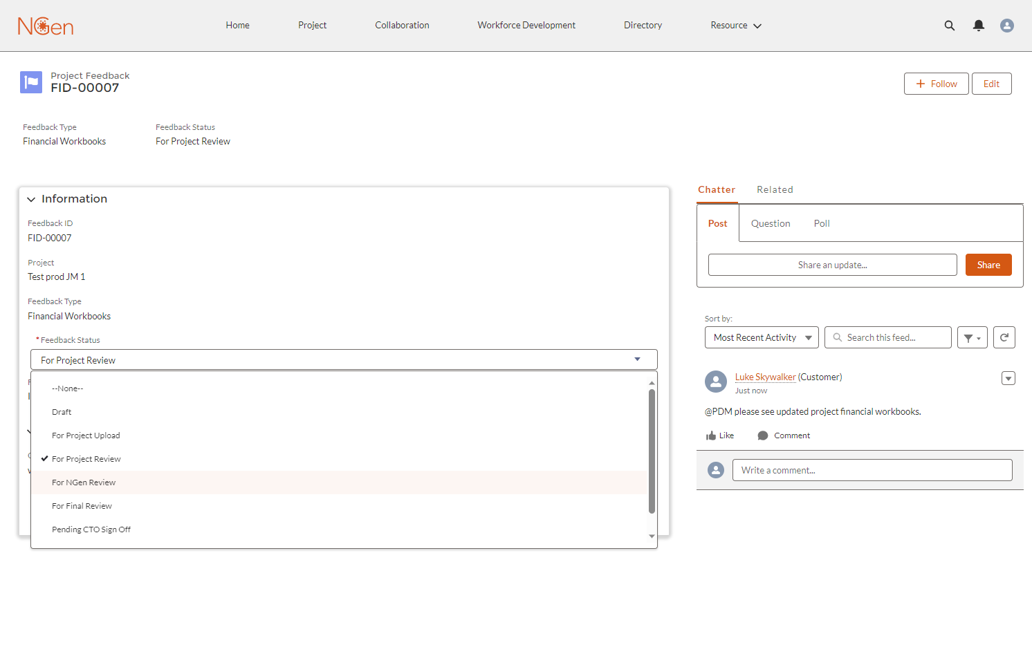Edit Feedback Status to NGen Review.