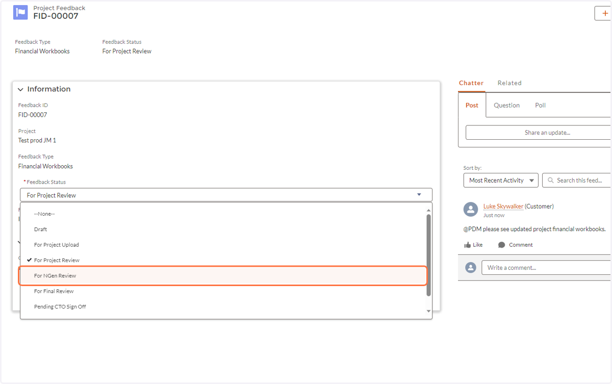 Edit Feedback Status to NGen Review.