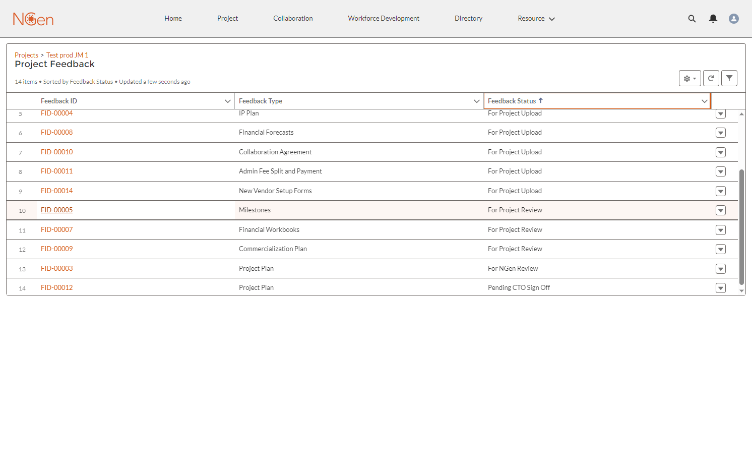 Click on any feedback ID number to access that feedback item's details.