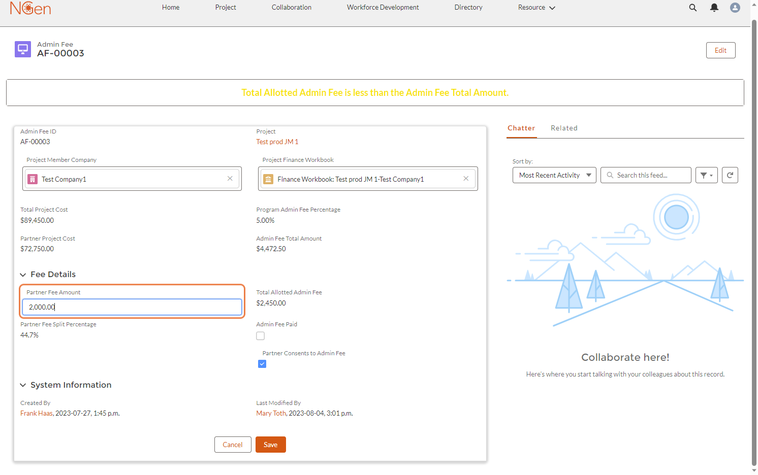 Click on Partner Fee Amount and edit the value the particular member company/participant will be paying, aka their "split."