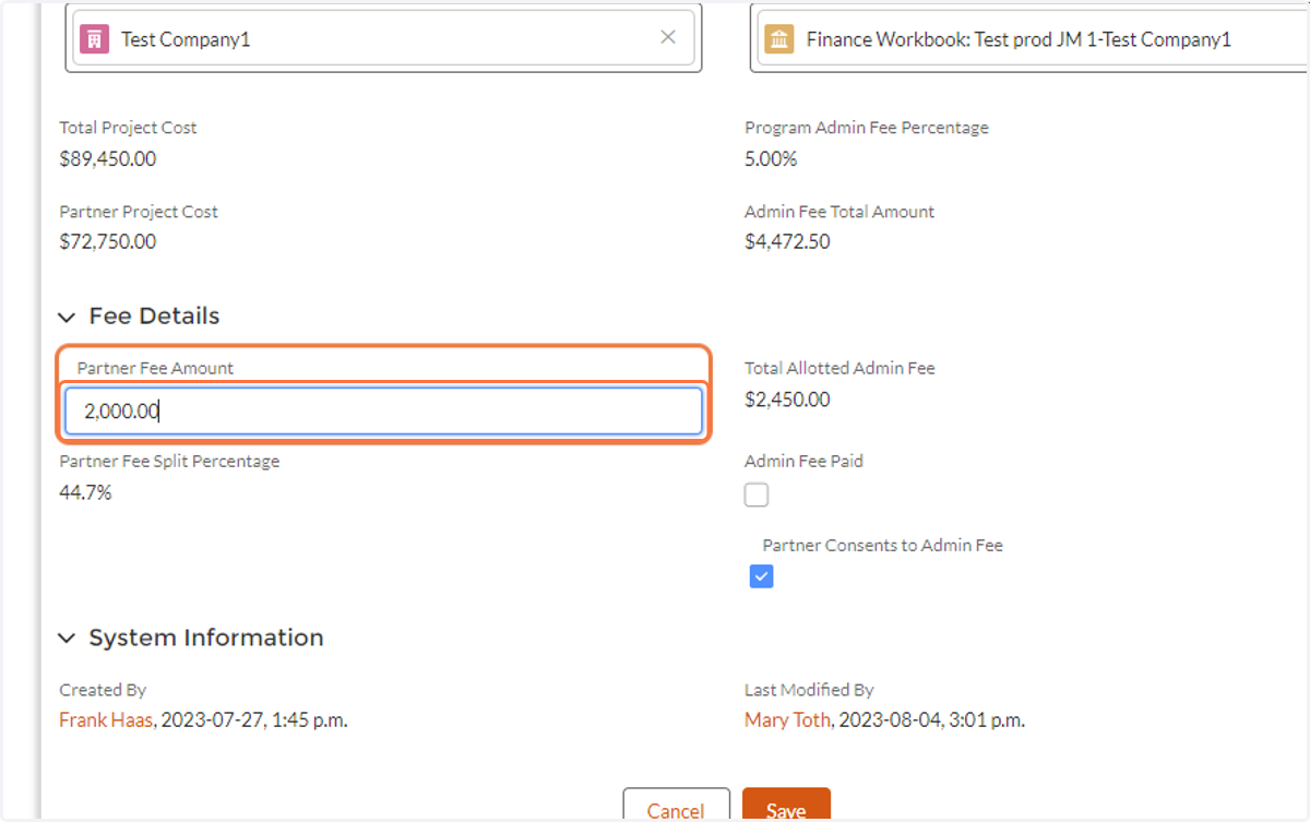 Click on Partner Fee Amount and edit the value the particular member company/participant will be paying, aka their "split."