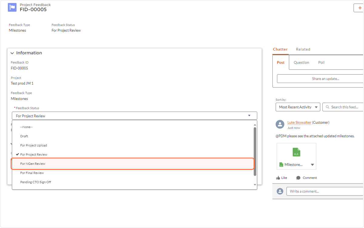 Kindly make sure to update and save the feedback item's status as "for NGen Review." Doing so will notify us to review and give our approval.