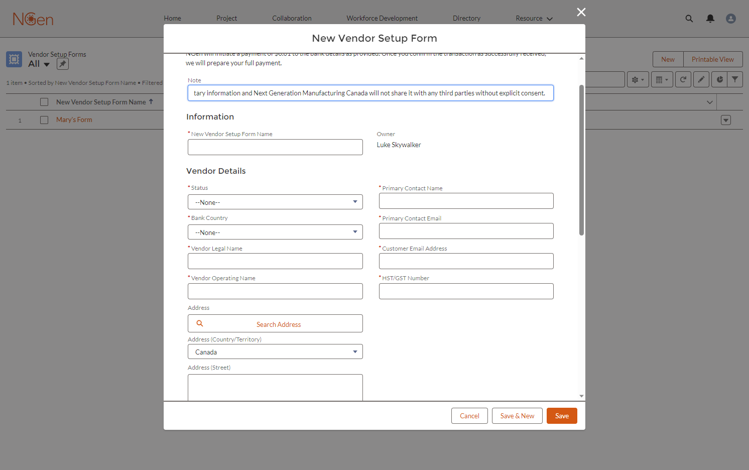 Fill out New Vendor Setup Form and Save...