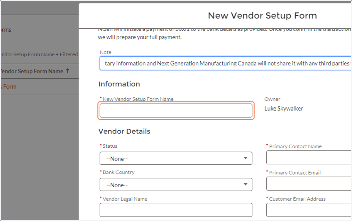 Fill out New Vendor Setup Form and Save...