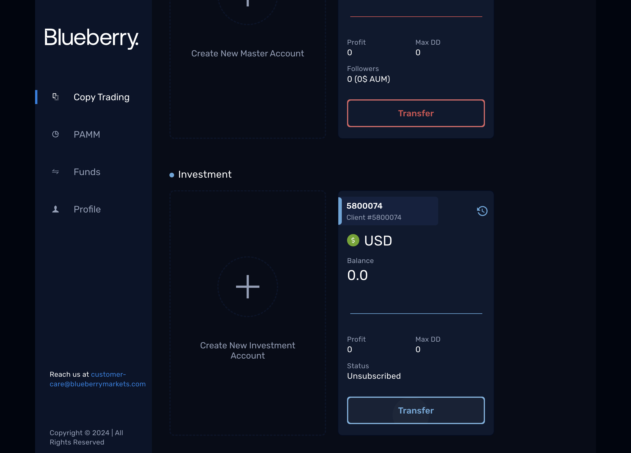 Click on Transfer to fund your new account