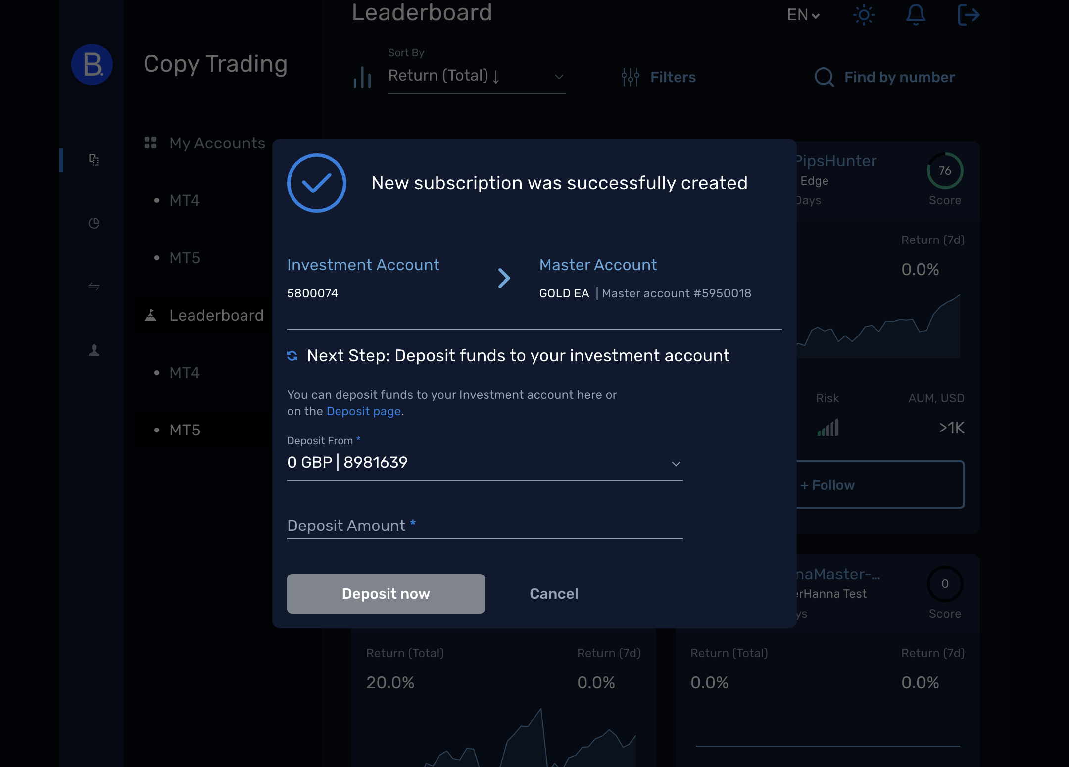 If your account is unfunded, you will be prompted to transfer funds