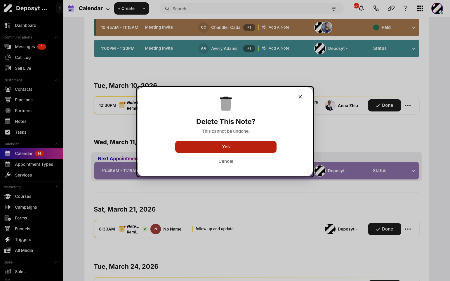 Step 4: Remember that deleting the note cannot be undone. Click Yes if you are sure you want to delete it.