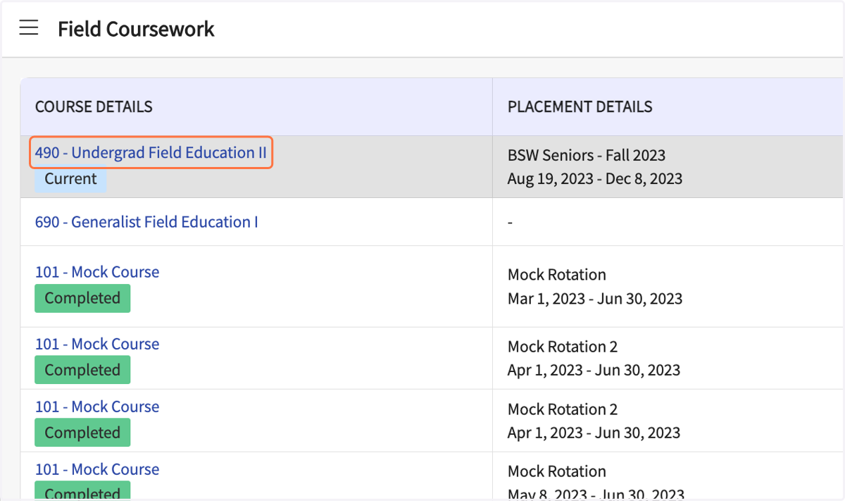 Click on your Field Education course