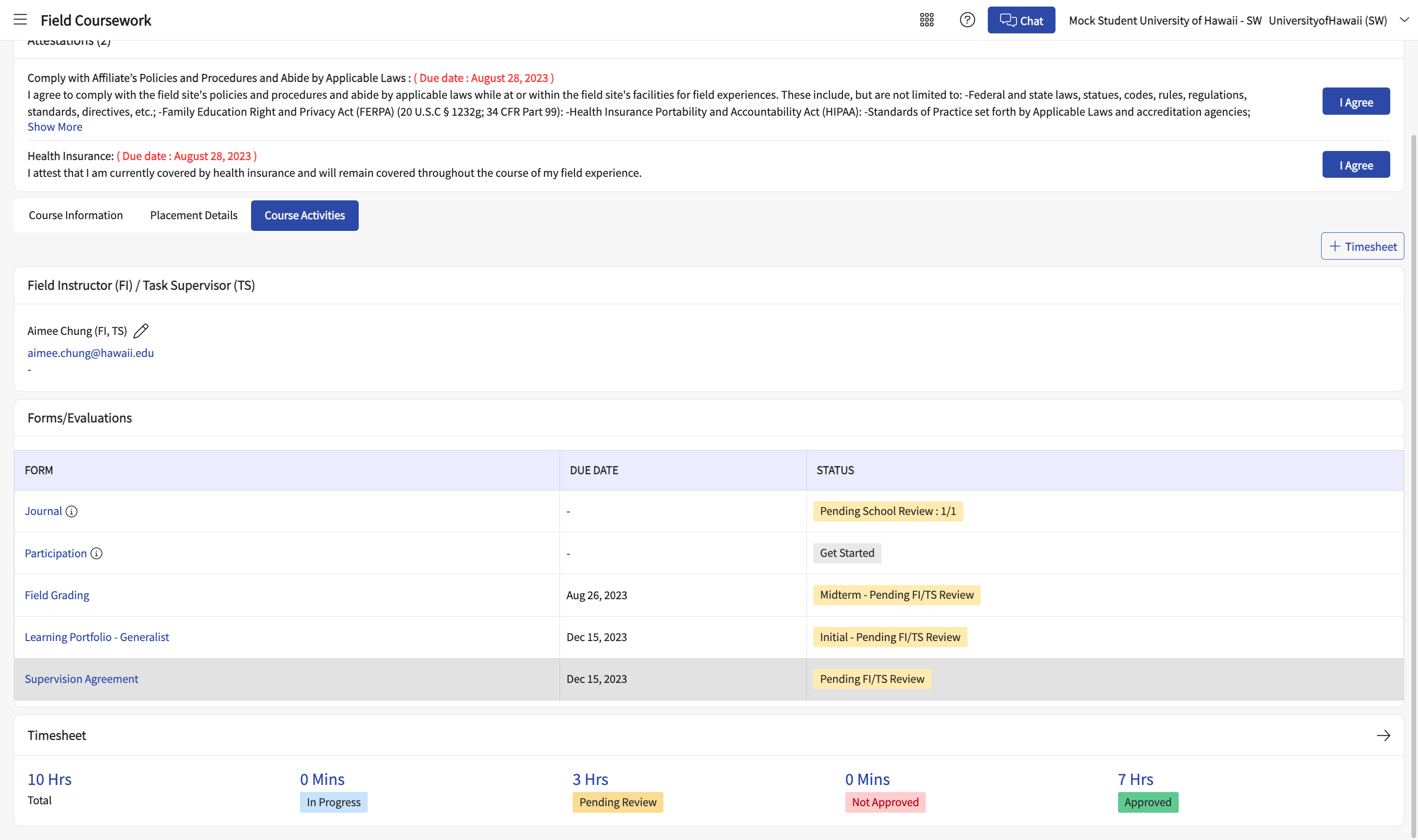 The Coursework Form list should show it as Pending FI/TS Review