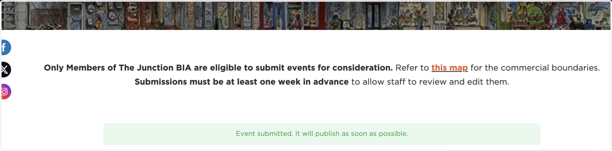 You should see a green box opening at the top of the screen to let you know that your event what successfully submitted.