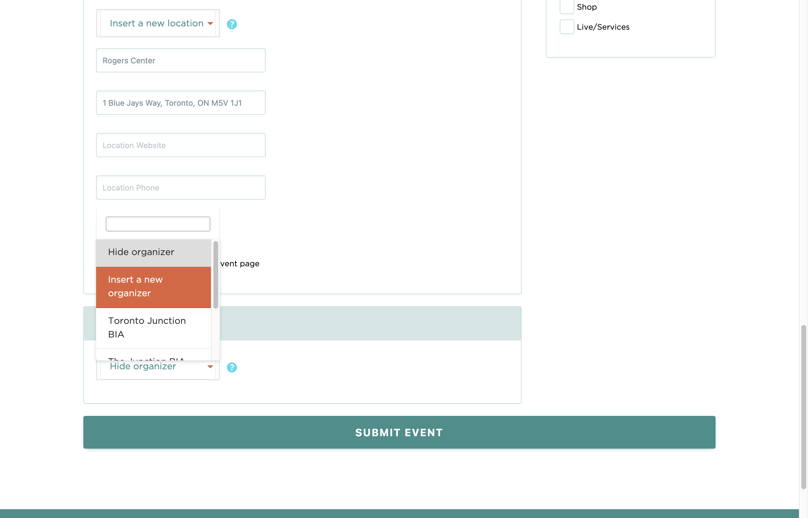 Select the organizer or click on insert a new organizer