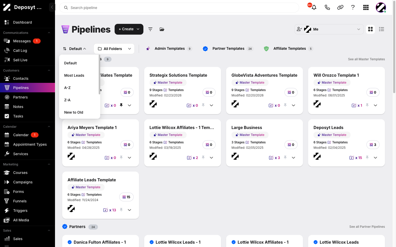 Step 3: It will now show options to sort by Default, Most Leads, Alphabetically (A–Z or Z–A), Date (New to Old or Old to New), or by Partners or Affiliates. Click on your chosen sorting option, and your pipelines will be sorted accordingly.